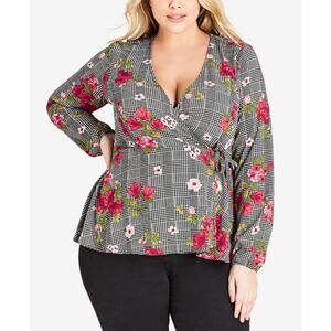 City Chic Houndstooth Floral Long Sleeve Wrap Blouse Women's Size 14